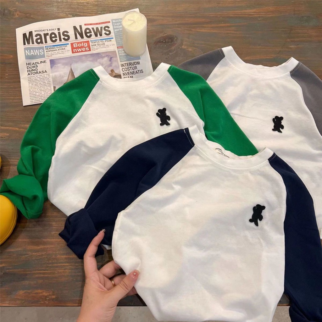 Áo Thun Tay Dài Dáng Rộng In Hình Gấu Màu Sắc Tương Phản Thời Trang Xinh Xắn Cho Bé