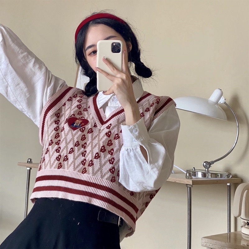 Áo Gile Cổ V Dáng Croptop Cộc Tay Nữ Sinh Phong Cách Hàn