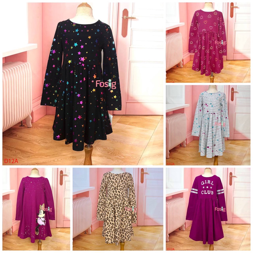 Đầm Thun Tay Dài Bé Gái JB - Đen Sao Màu, Nâu Da Beo, Sọc Xám Tim, Tím Đậm Tim, Tím Girl Club, Tím Sao Minnie