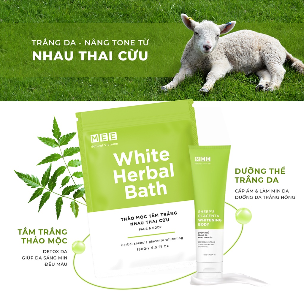 Bộ Thảo mộc tắm trắng X3 nhau thai cừu Mee+ Natural Vietnam sáng da dưỡng thể nhau thai cừu dưỡng da trắng hồng, mềm mịn | BigBuy360 - bigbuy360.vn