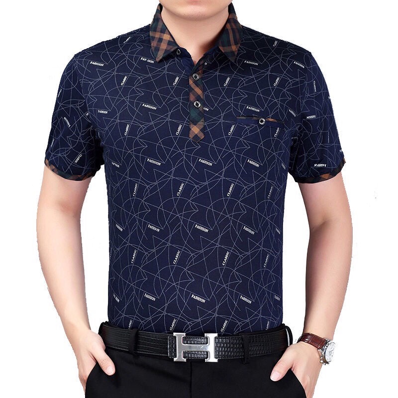 Áo Thun Polo Ngắn Tay Form Rộng Phối Túi Thời Trang Cho Đàn Ông Trung Niên