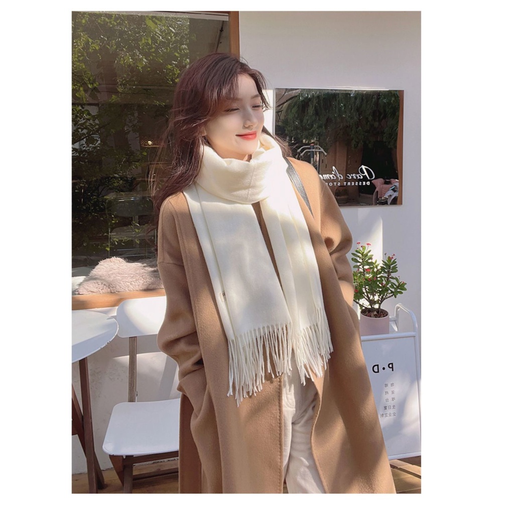 Khăn Choàng Cổ Vải Cashmere Cao Cấp Dày Dặn Màu Trắng Sữa Dễ Phối Đồ Phong Cách Nhật Bản