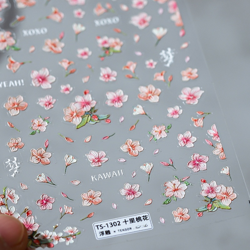 Miếng Dán Trang Trí Móng Tay 5D Hình Hoa Đào Xinh Xắn