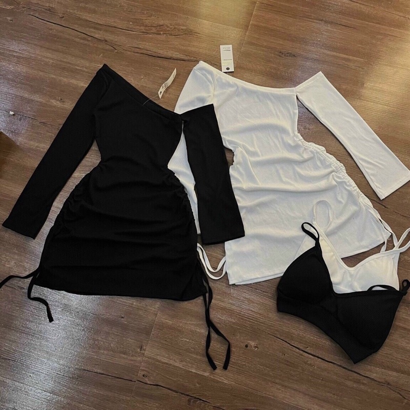 Set Đầm Gân Kiểu Tay Dài Kèm Bra Cá Tính D97