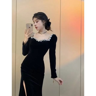 Đầm Nhung Cổ Vuông Tay Dài Màu Đen Lấp Lánh Thời Trang Mùa Thu Quyến Rũ Cho Nữ