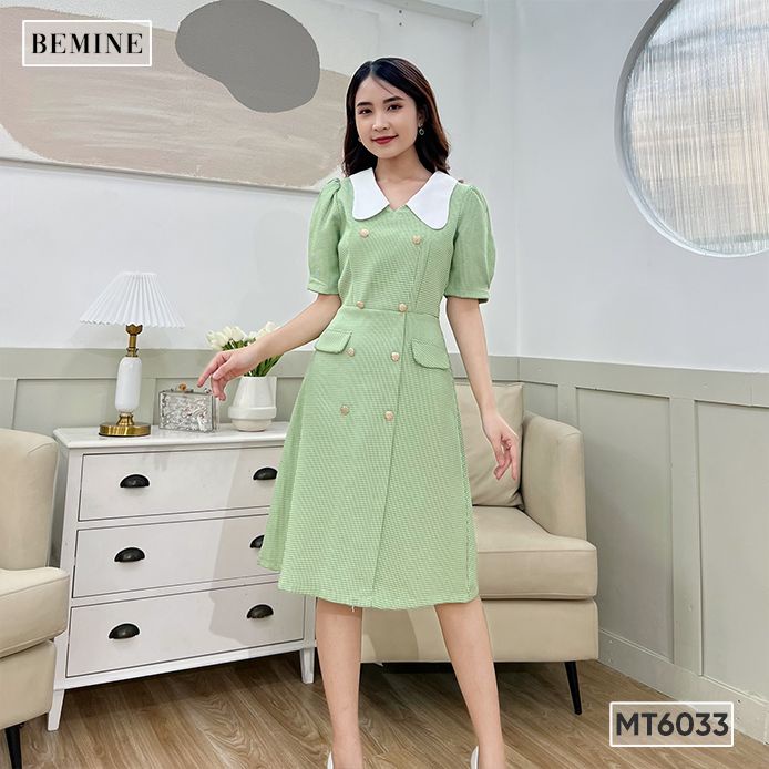 Đầm phối lá cổ cánh bướm đính nút ngực BEMINE MT6033