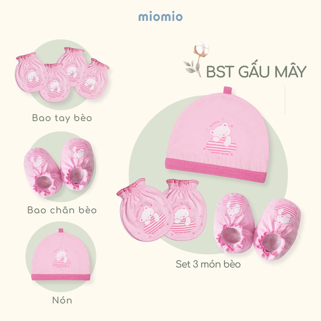 Bao Tay Bèo, Chân Bèo, Nón, Set 3 Món Phụ Kiện Bèo MIOMIO, Họa Tiết: Xe Nôi, Teddy, Gấu Mây Cho Bé Sơ Sinh