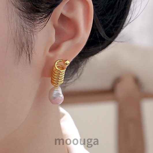 Bông Tai Ngọc Trai Xoắn Ốc Tự Nhiên / Pháp Cổ Điển Moouga / Pháp