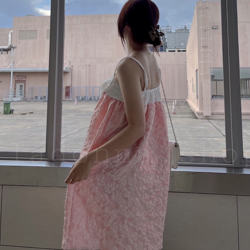 Đầm 2 dây baby doll vải gấm phối nơ