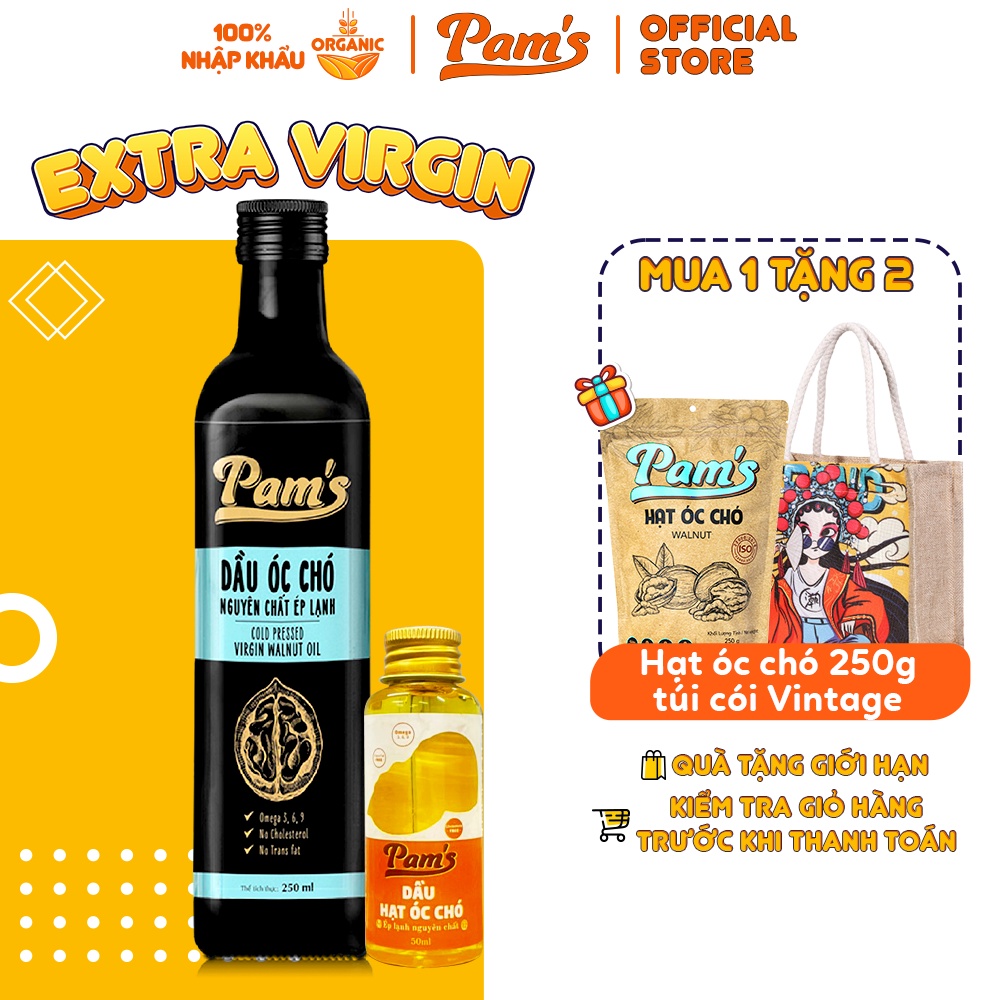 Dầu Óc Chó Pams Extra Virgin 250ml/chai - Dầu Ép Lạnh Nguyên Chất, Hạn Sử Dụng 2 Năm