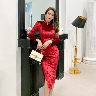 Váy nhung sườn xám