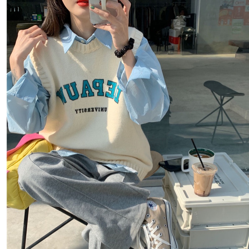 Áo Sweater Dệt Kim Không Tay In Chữ Phong Cách Preppy Thời Trang Mùa Thu Cho Nữ