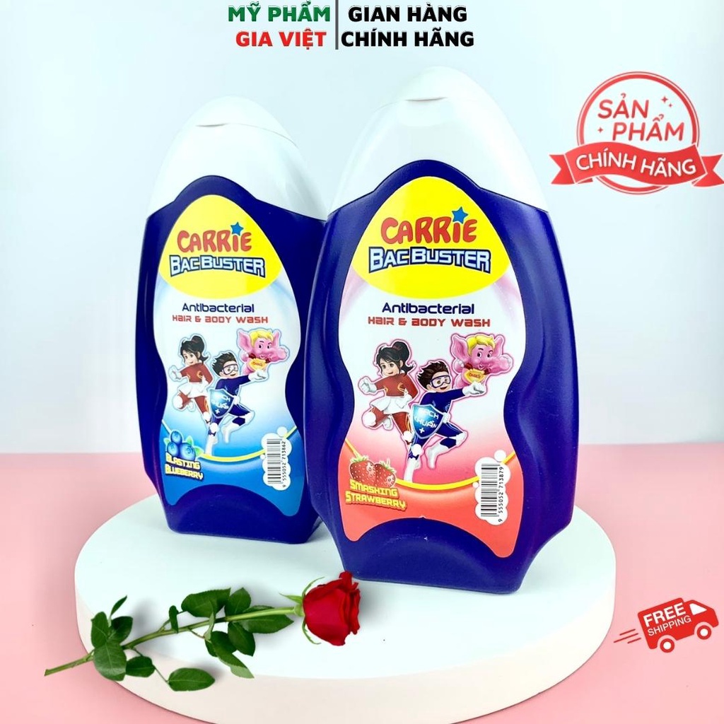 Sữa tắm gội sạch khuẩn Carrie Junior Bacbuster hương Blueberry/Strawberry chai 280g