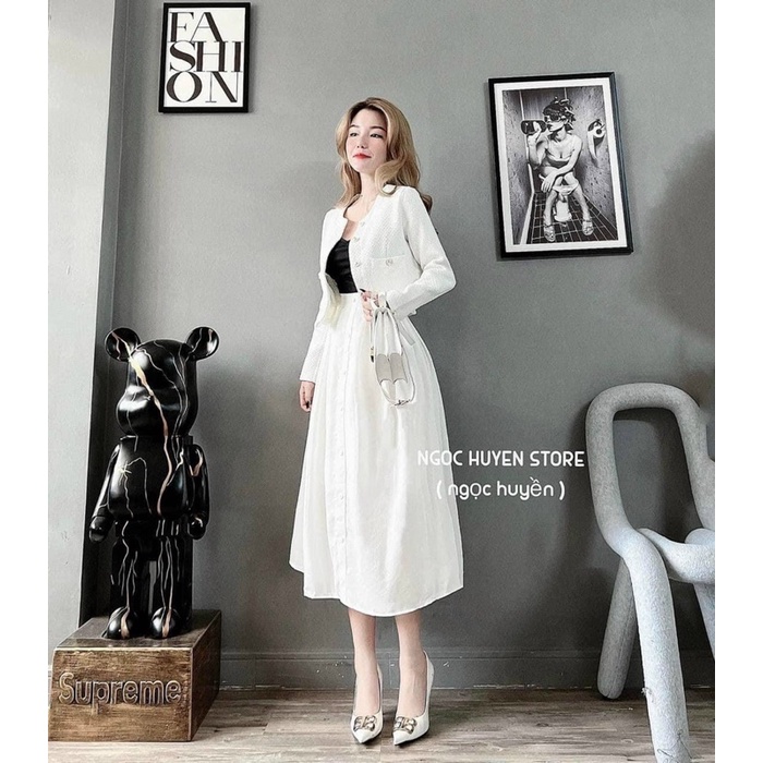 Set 3 món nữ set áo crop đen+ áo khoác đính nút tay dài+ chân váy trắng dài lên dáng tiểu thư sang chảnh