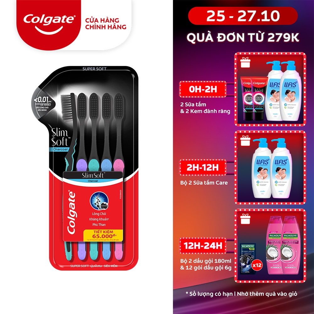 Bộ 5 Bàn chải đánh răng Colgate than hoạt tính kháng khuẩn SlimSoft Charcoal mềm mảnh