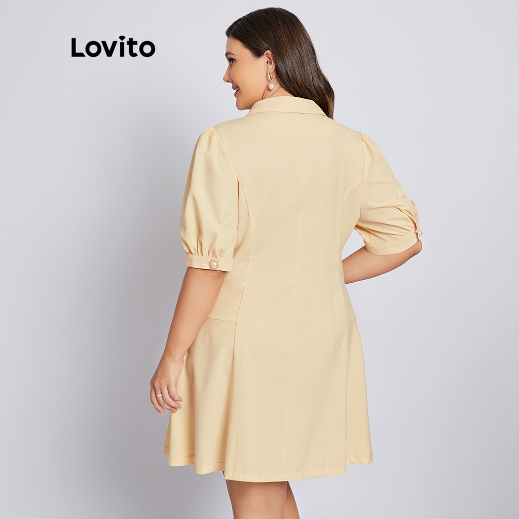 Đầm Lovito plus size chữ A màu trơn thanh lịch có nút trước tay phồng cho nữ LPS04054 (màu mơ)