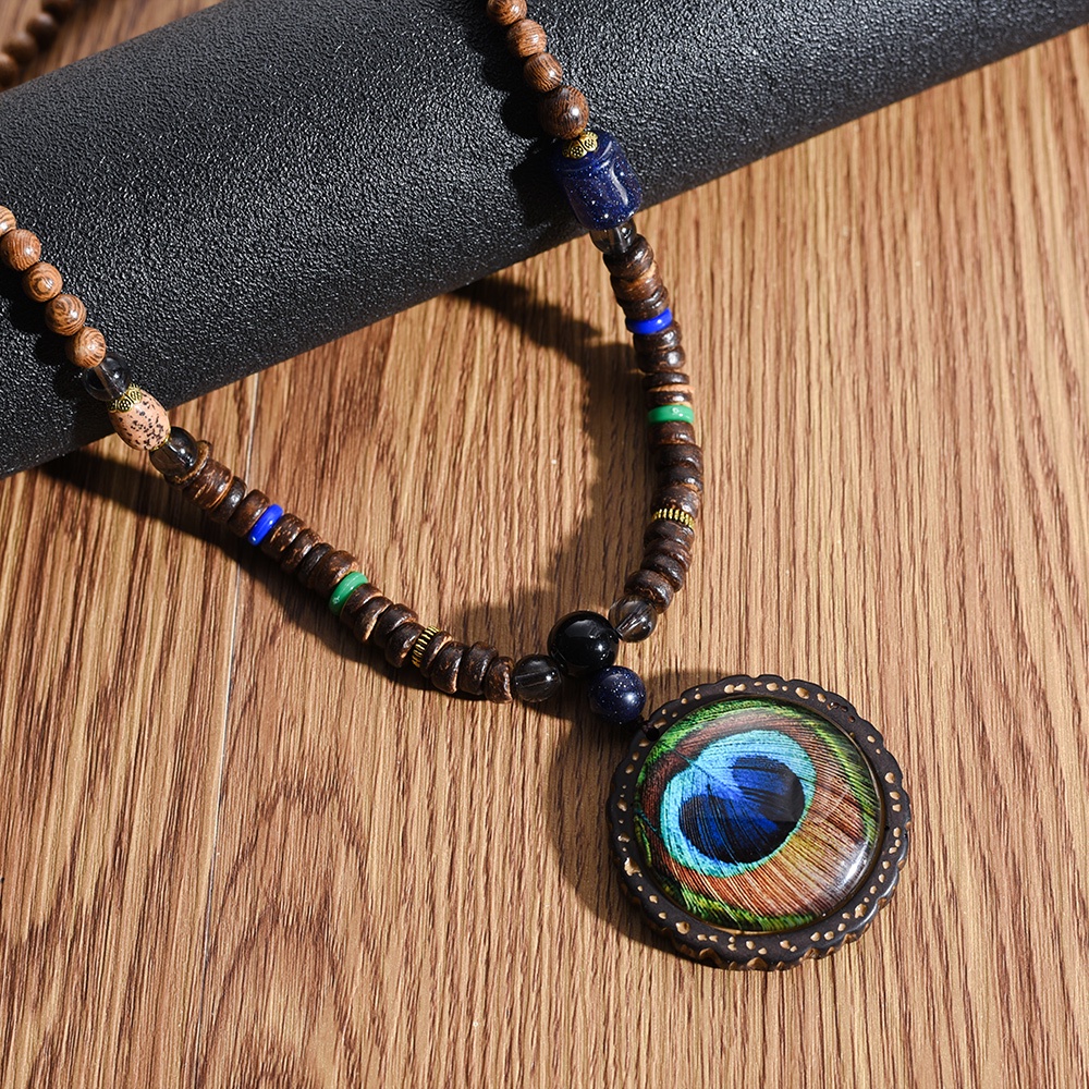 Vòng cổ Hạt Gỗ Dài Mặt Đá Mã Não Phật Giáo Nepal Bằng Nhựa Resin Phong Cách Boho Cổ Điển Cho Nam Và Nữ