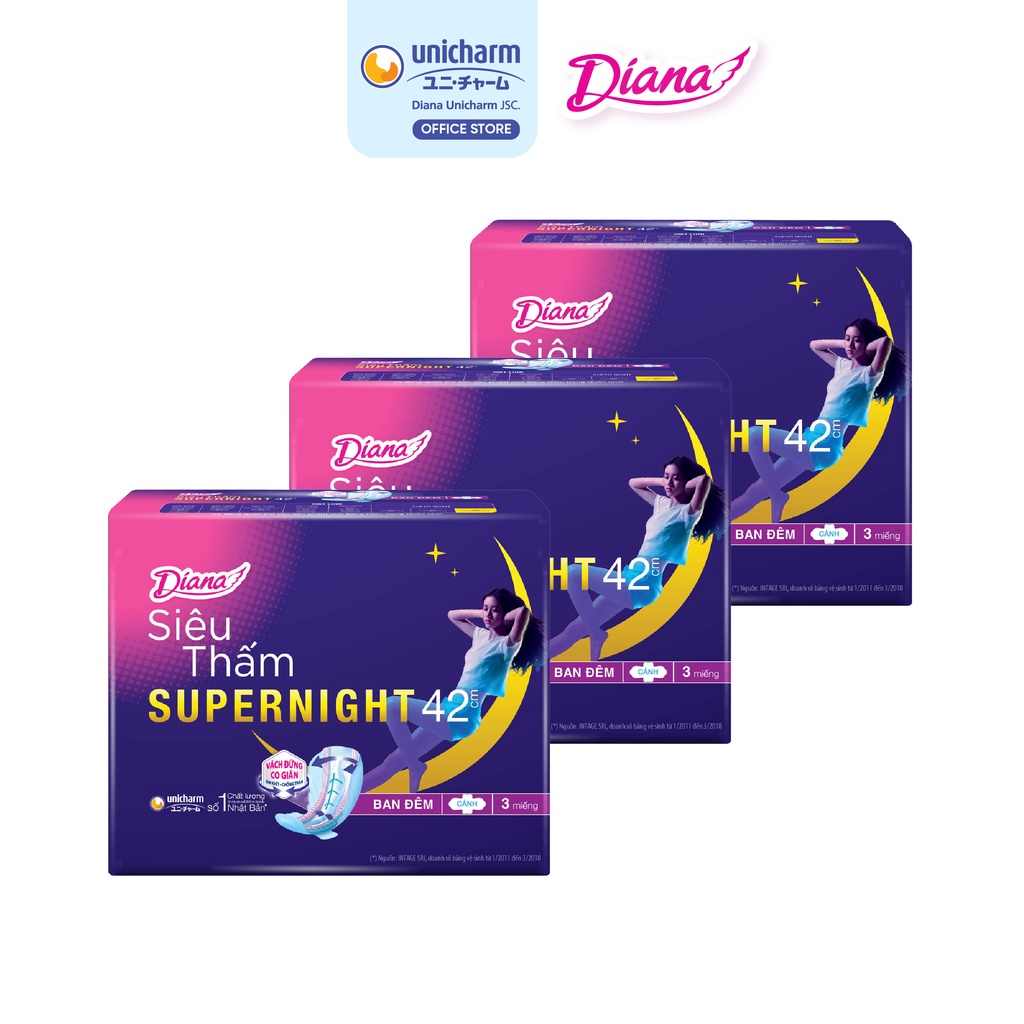 Bộ 3 gói băng vệ sinh Diana siêu thấm Supernight 42cm 3 miếng gói