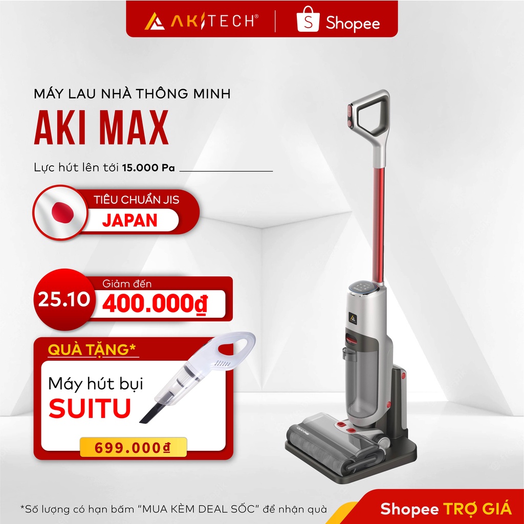 Máy hút bụi lau sàn khô và ướt cầm tay AKI MAX tự động làm sạch chổi lăn, âm báo giọng nói, lực hút 20000Pa