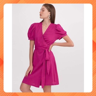 Đầm vạt đắp chéo nữ YV LE & CO vải Linen màu tím hồng thanh lịch