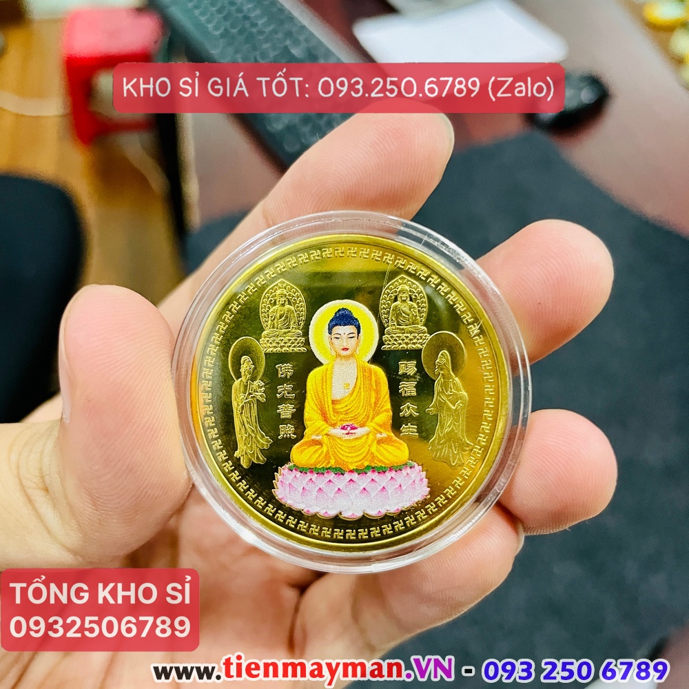 Xu Phật A Di Đà , Đồng xu làm bằng Niken mạ vàng In Màu, sáng bóng, tặng túi gấm đỏ