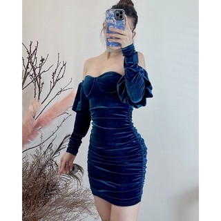 Đầm nhung ôm body cúp ngực trễ vai