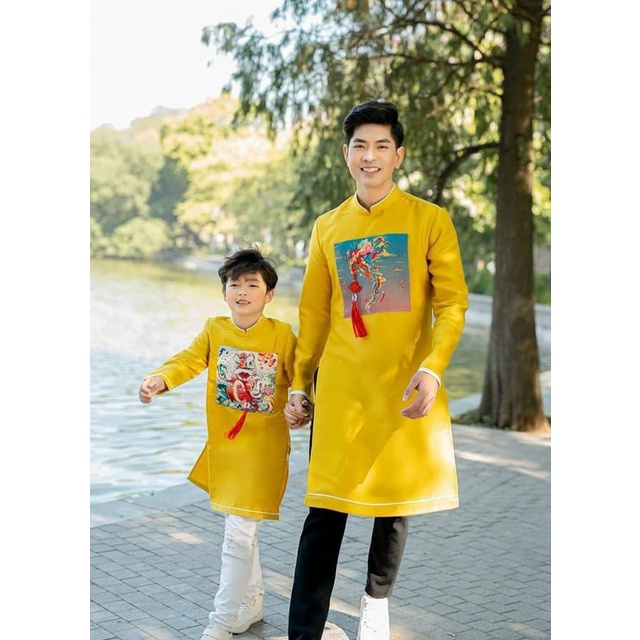 NGHINH XUÂN NHƯ Ý - ÁO DÀI GIA ĐÌNH TẾT, áo dài cách tân nữ, áo dài bé trai bé gái, áo dài màu vàng cặp đôi nam nữ