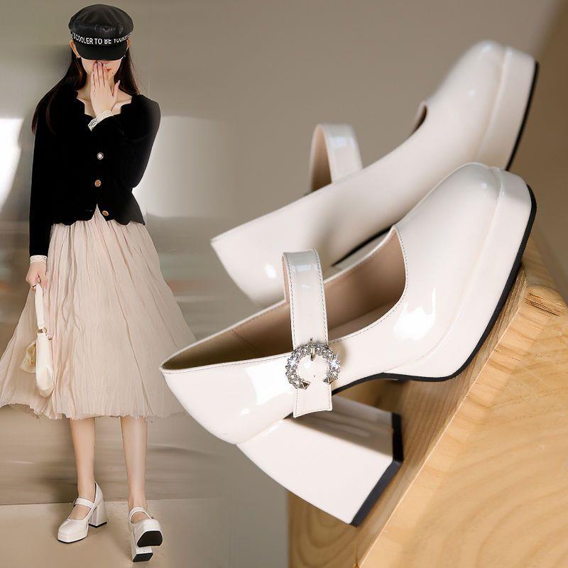 Giày Cao Gót Da Đế Xuồng Màu Đen Phong Cách retro Pháp