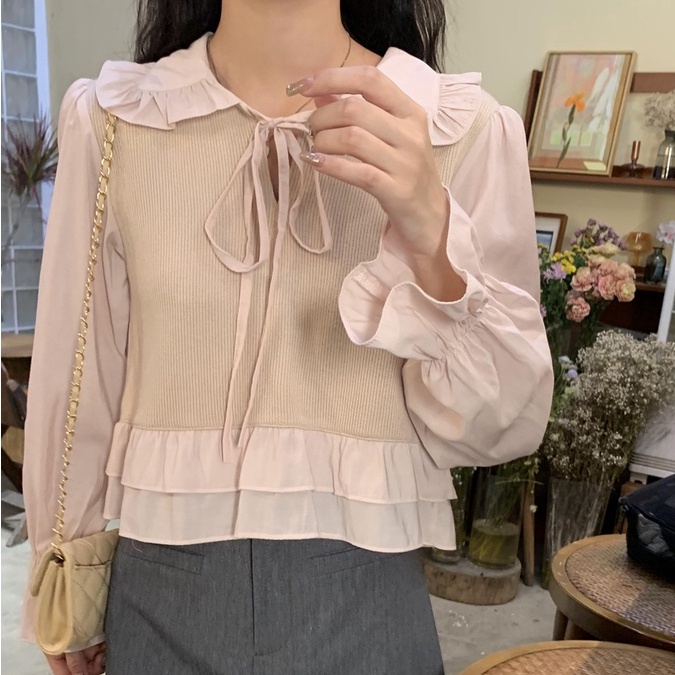 Áo sweater ZHELIHANGFEI tay dài lưng cao dáng ôm phối bèo phong cách Nhật Bản trẻ trung cao cấp