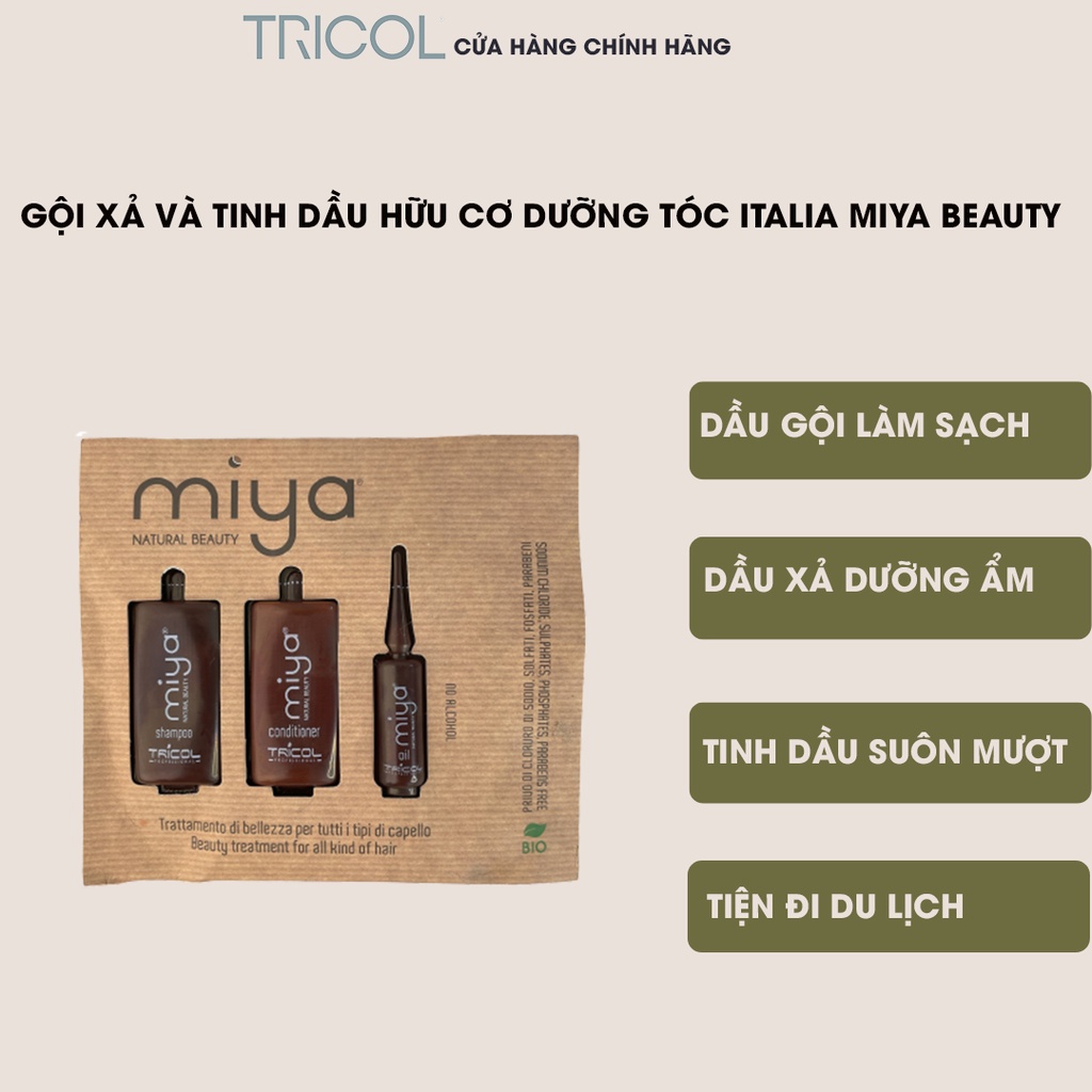 Combo dầu gội, dầu xả và tinh dầu thành phần hữu cơ nuôi dưỡng tóc khỏe đẹp, bóng mượt Tricol Miya Natural Beauty