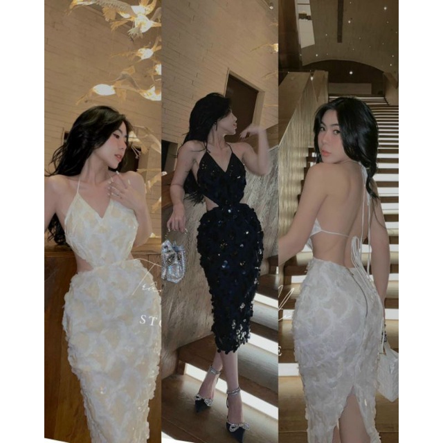 Đầm body kim sa cổ yếm khoec eo