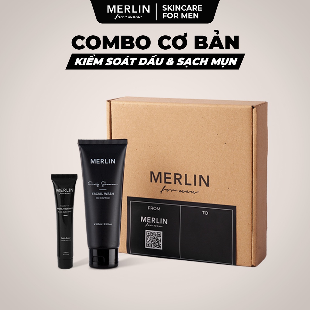 Combo sạch mụn cơ bản Merlin For Men - Sữa rửa mặt kiểm soát dầu trắng da và Kem chấm mụn giảm thâm Nano curcumin 125ml