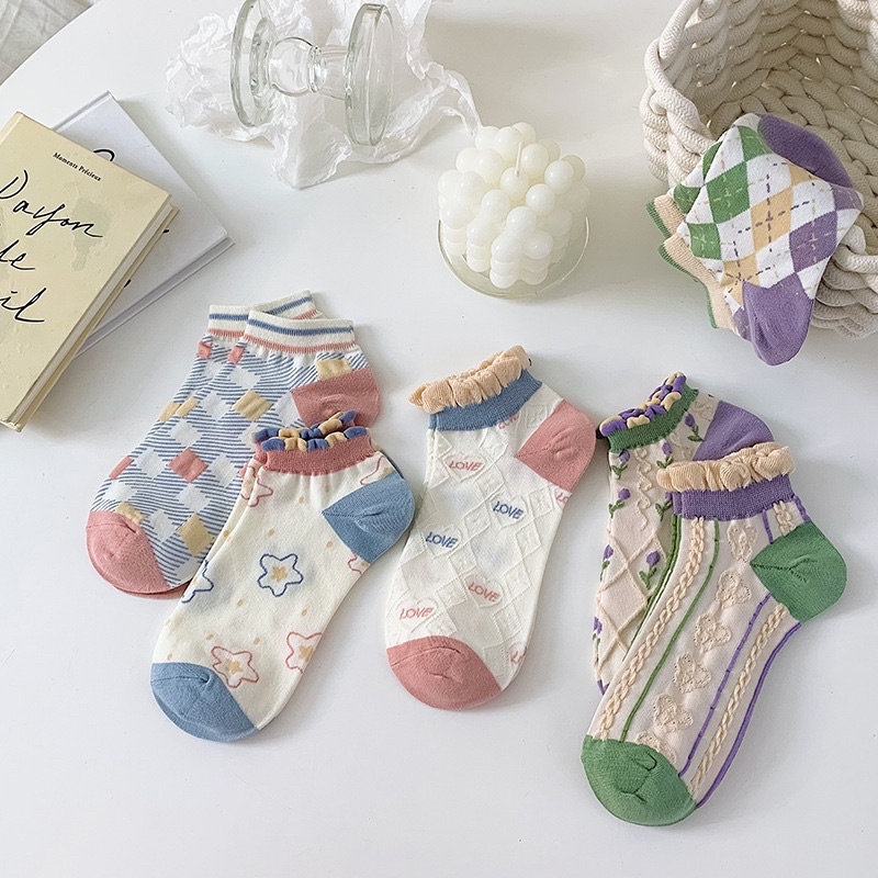 Set 5 Đôi Tất vớ nữ thổ cẩm co giãn bốn chiều,họa tiết kute phong cách Hàn Quốc