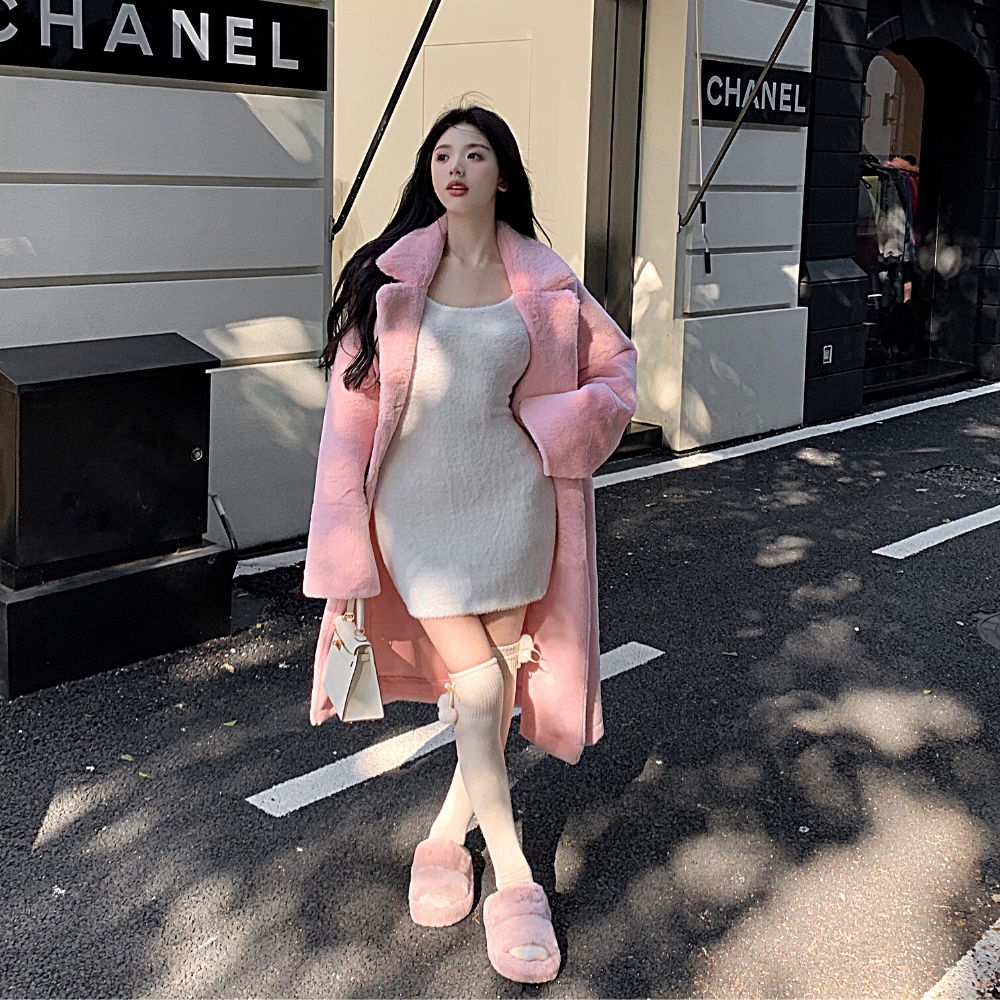 Áo khoác lông dáng dài YIMI màu hồng trắng