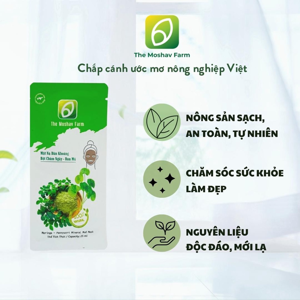 Mặt Nạ Bùn Khoáng Chùm Ngây - Rau Má The Moshav Farm Cấp Ẩm, Làm Trắng, Ngăn Ngừa Mụn, Lành Tính, Thiên Nhiên 1 Gói 25ml