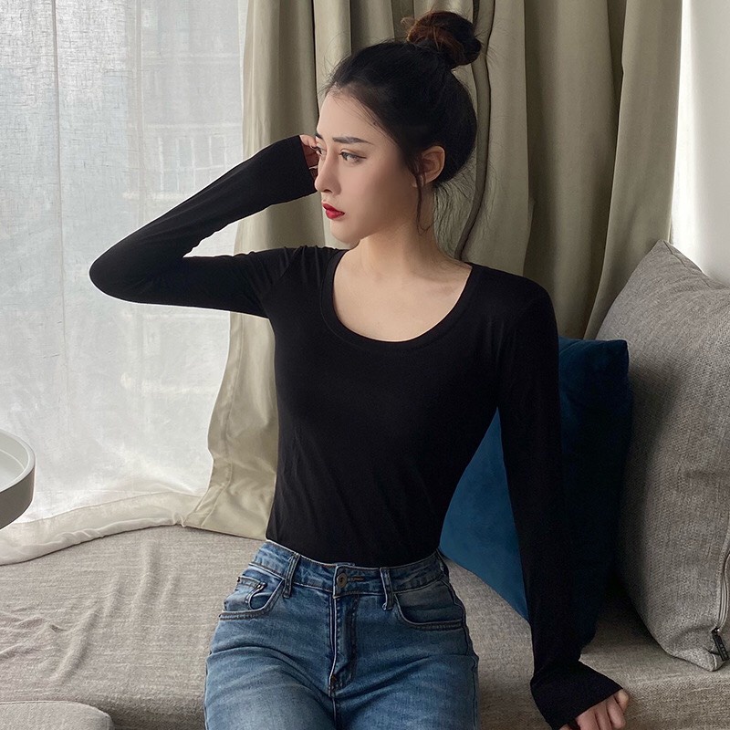 Áo Thun Body Tay Dài Cổ Tròn Chất Len Tăm Mềm Mịn Siêu Co Giãn