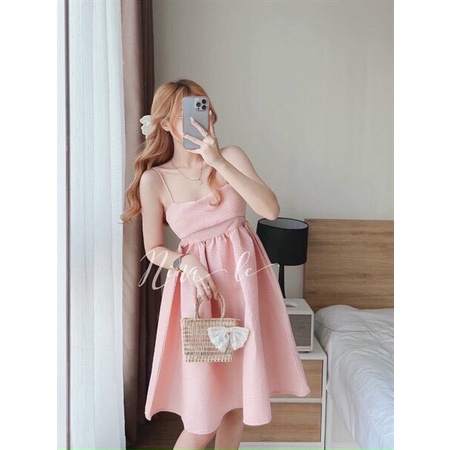 [11.11 Sale Freeship] Đầm tiểu thư nữ,đầm for chất  xốp hai dây dáng xòe thắt nơ sau lưng đi chơi dạo phố xinh xắn mtb