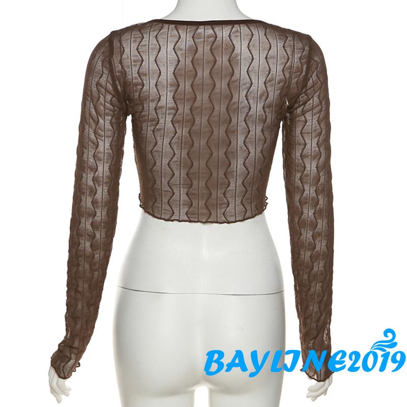 Áo Thun Crop Top Tay Dài Màu Trơn Khóa Kim Loại Nhìn Xuyên Thấu Đơn Giản Dành Cho Nữ