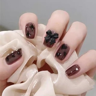 Nailbox ,10 móng úp thiết kế , đính nơ đen.