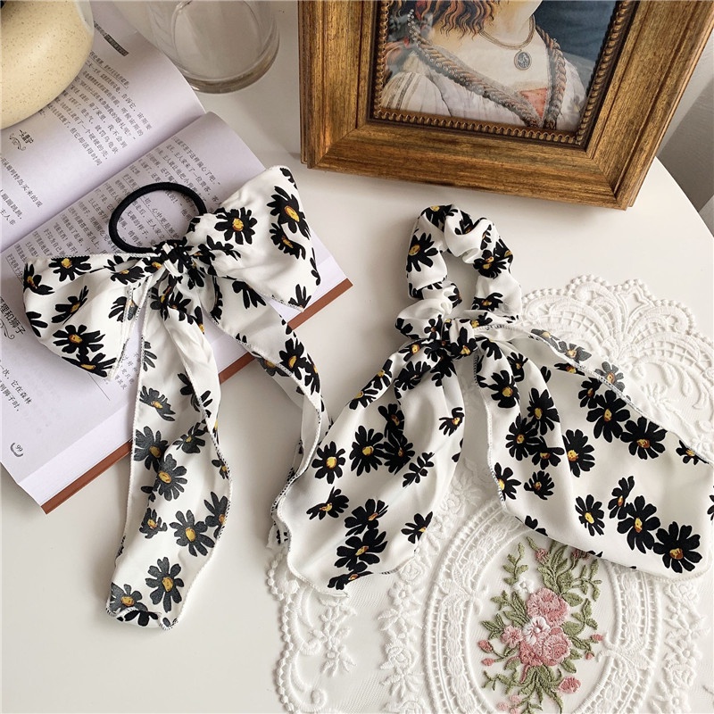 Dây Buộc Tóc Ruy Băng Mềm Mại Họa Tiết Hoa Cúc Trắng / Đen Phong Cách Retro Pháp