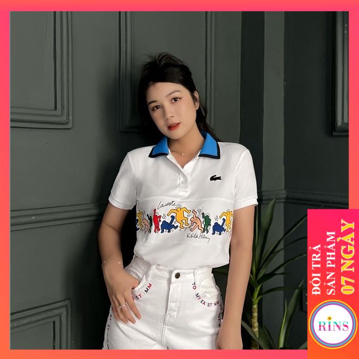 Áo Polo Áo thun Áo cổ trụ Lacoste trắng họa tiết cổ xanh dương - Chất vải cá sấu 100% cotton