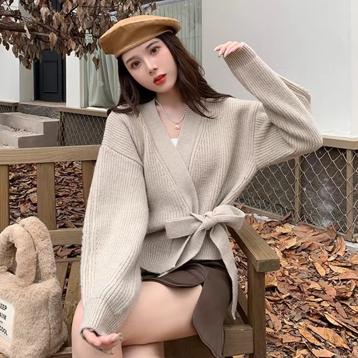 Áo khoác cardigan SUXI dệt kim thiết kế cổ chữ V phong cách vintage