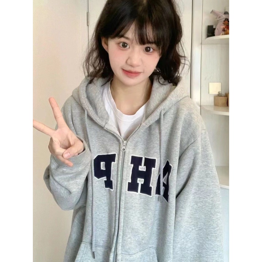 Áo Khoác Cardigan Có Nón Bằng Nỉ Dày Dặn Dáng Rộng Phối Khóa Kéo Thời Trang Cho Nữ