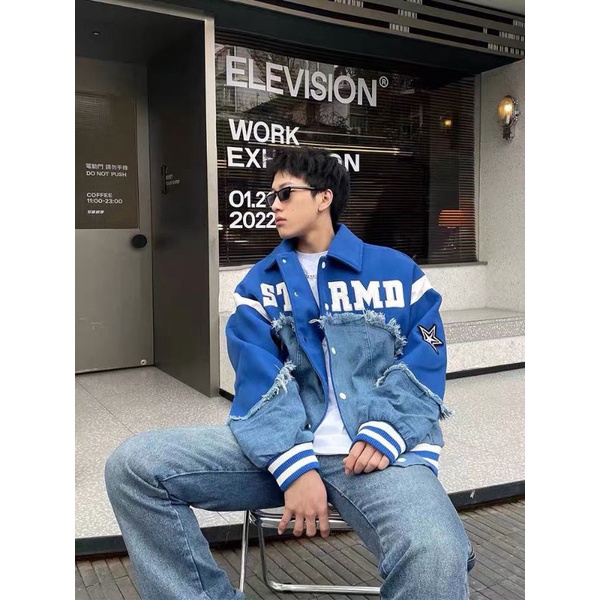 Áo Varcity Vải dạ tay da 2 lớp họa tiết thêu phối jean