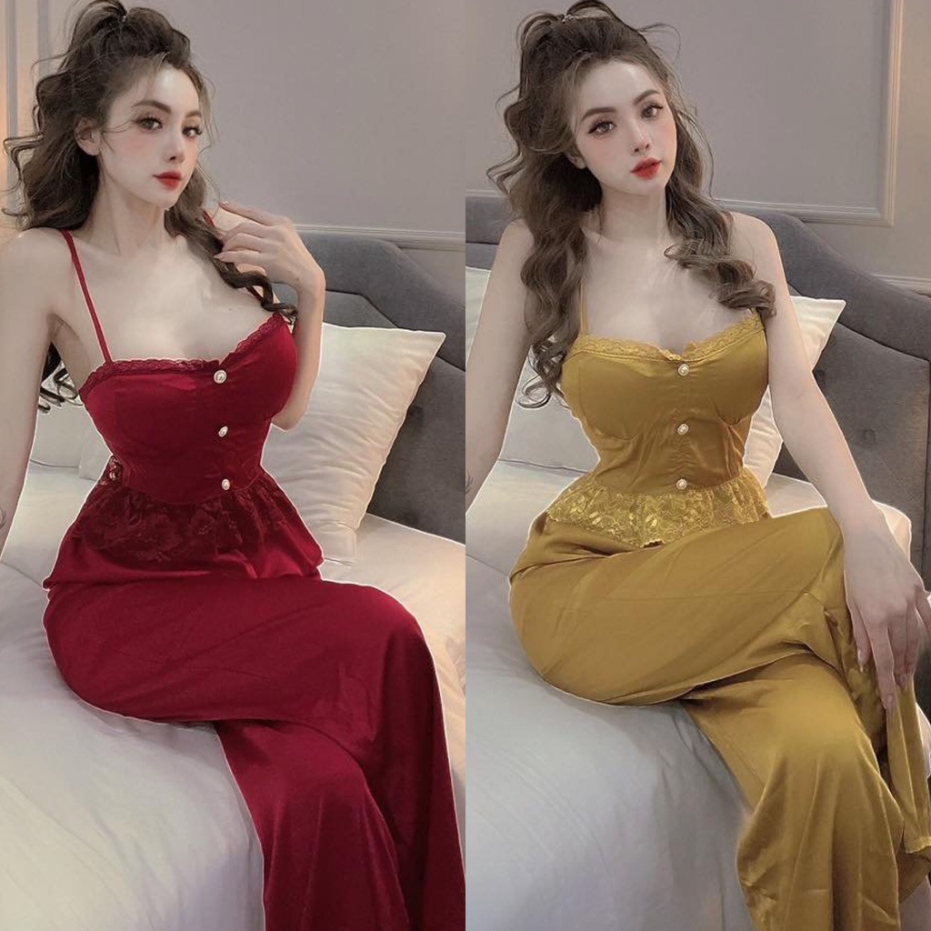 Đồ bộ nữ, đồ ngủ lụa satin cao cấp, áo cúp ngực có mút, eo sau may nhún chun