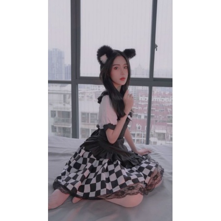 [CÓ SẴN]_Bộ đầm Lolita maid ngắn người hầu kẻ caro đen trắng