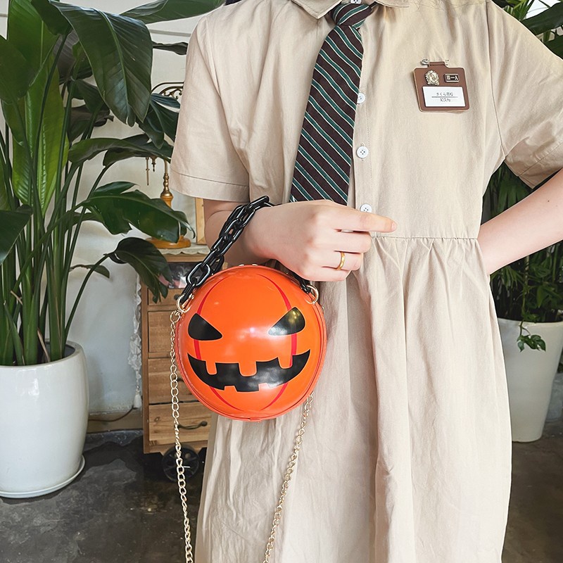 Túi Xách Đeo Vai Hình Tròn Cỡ Nhỏ In Hoạt Hình Bí Ngô Phối Dây Xích Dày Thời Trang Halloween 2022 Cho Nữ
