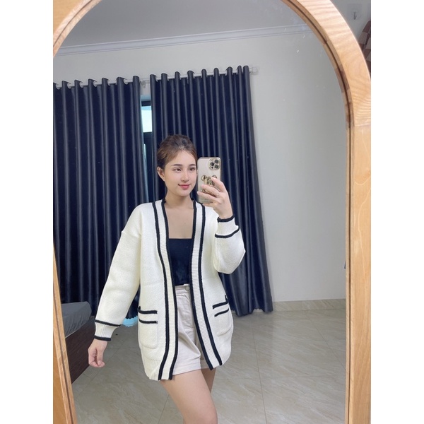 Áo khoác cardigan nữ, cardigan nữ chất len dày dặn viền màu có túi ảnh thật shop chụp