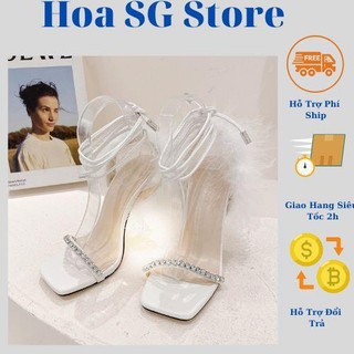 Giày cao gót cột dây quai ngang đính đá guốc lông vũ mũi vuông gót nhọn cao 9cm
