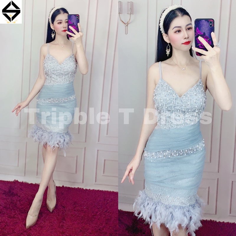Đầm body 2 dây phối lông tua rua và kết cườm ren lỗ TRIPBLE T DRESS - size S/M/L -MS231Y